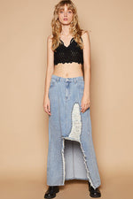 Stud detail long denim skirt: DENIM with distressed hem and underlay fabric