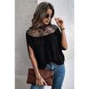 Boho Floral Mesh Lace Solid Blouse: BLACK