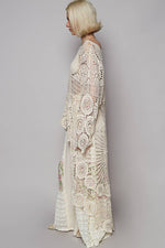 Round neck long sleeve elongated crochet top: NATURAL / Os