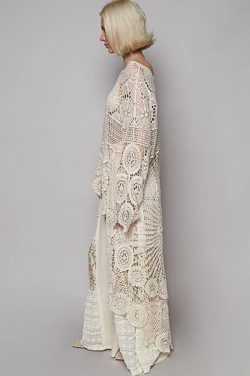 Round neck long sleeve elongated crochet top: NATURAL / Os