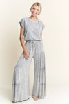 Mineral Washed Tiered Wide Leg Pants HP5033P1: Silver Grey / S-M-L / 2-2-2