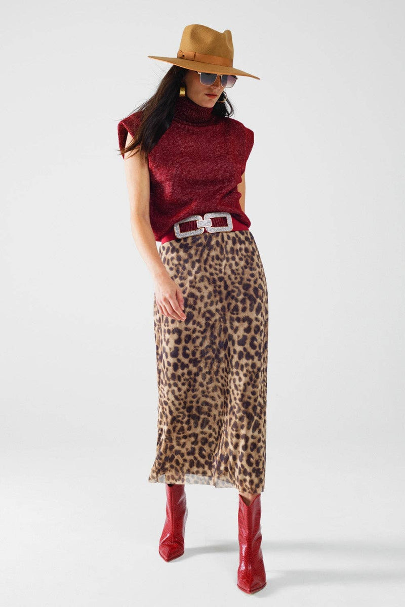 Sheer long leopard print bodycon midi skirt: Brown / Large