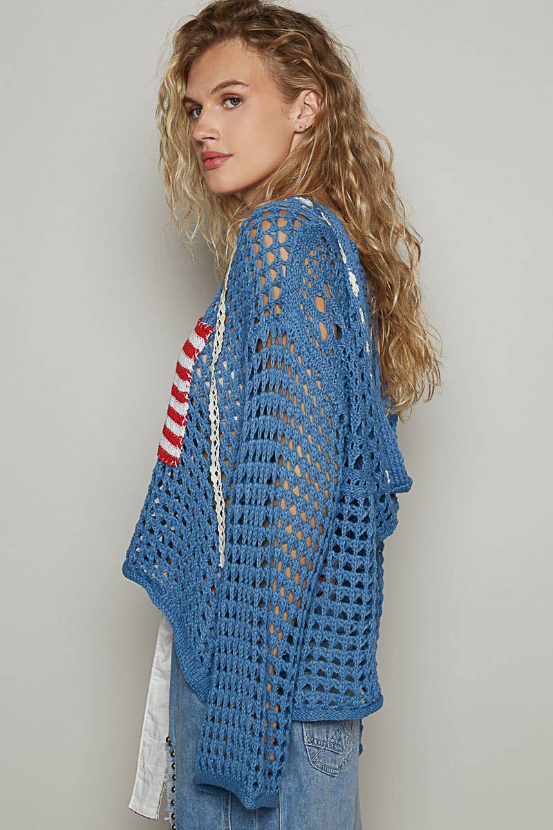 Long sleeve American flag hoodie top Beige