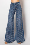 Embellished stretch wide leg medium blue denim jeans