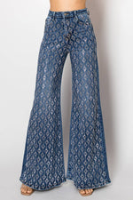 Embellished stretch wide leg medium blue denim jeans