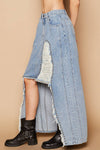 Stud detail long denim skirt: DENIM with distressed hem and underlay fabric