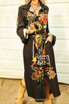 Black Rodeo Horse Rose Button Down Maxi Shirt Dress: S