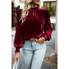 Knot Back Cut Out Mock Neck Solid Velvet Blouse: WINE / L