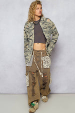 Zipper waist tie camo jacket