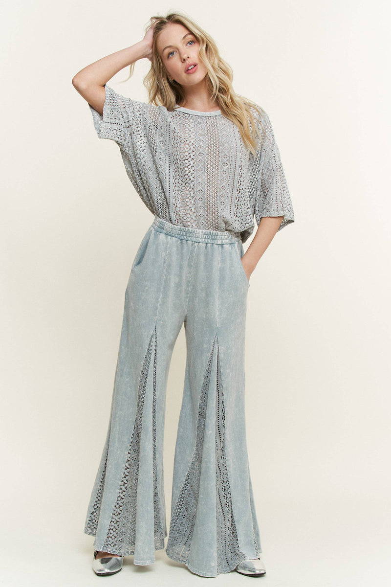 Mineral Washed Lace Flare Hippie boho Pants HP6566: Natural / S-M-L/ 2-2-2