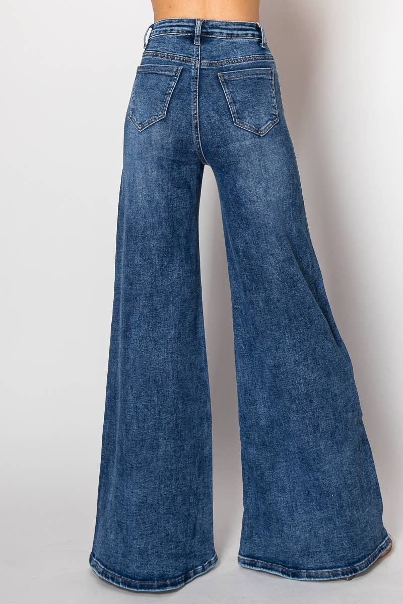 Embellished wide leg stretch medium blue denim jeans