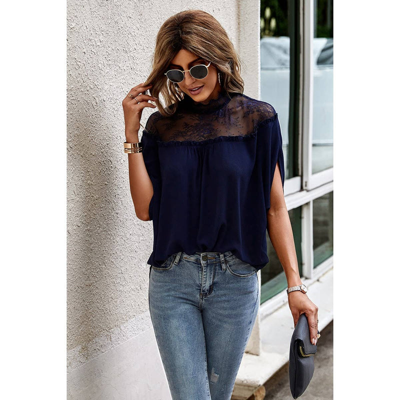 Boho Floral Mesh Lace Solid Blouse: BLACK