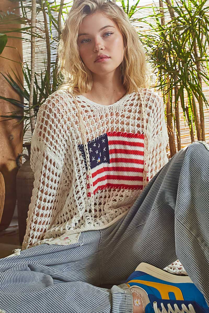 Long sleeve American flag hoodie top Beige