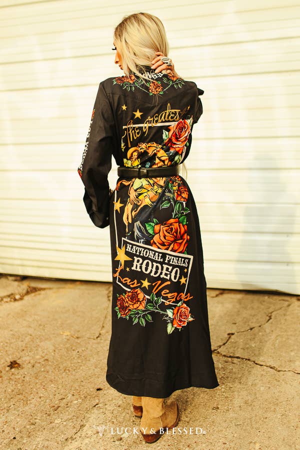 Black Rodeo Horse Rose Button Down Maxi Shirt Dress: M