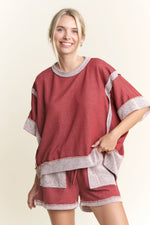 Oversize Reverse Contrast Banded Top HT4028: Neon pink / S-M-L / 2-2-2