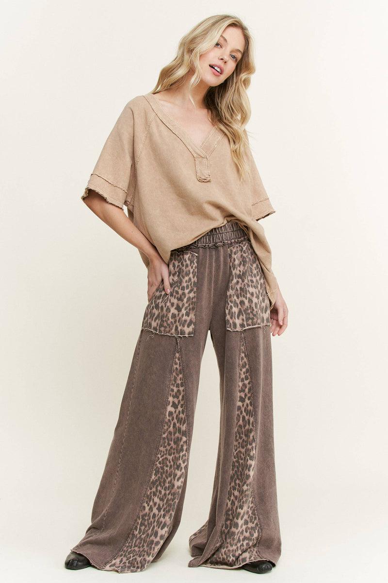 Mineral Washed Leopard Animal Print Flare Pants HP5783P1: Charcoal / S-M-L / 2-2-2