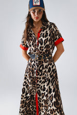 Maxi Leopard Button-Down Dress With Red Details: Brown / Large