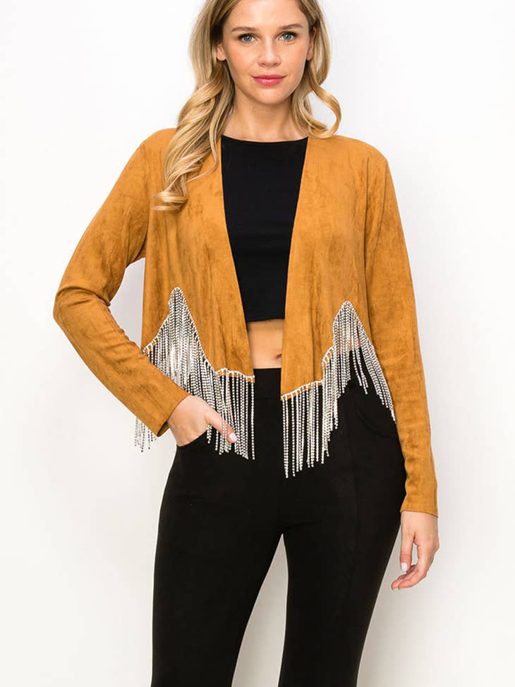 Rhinestone Fringe Faux Suede Jacket