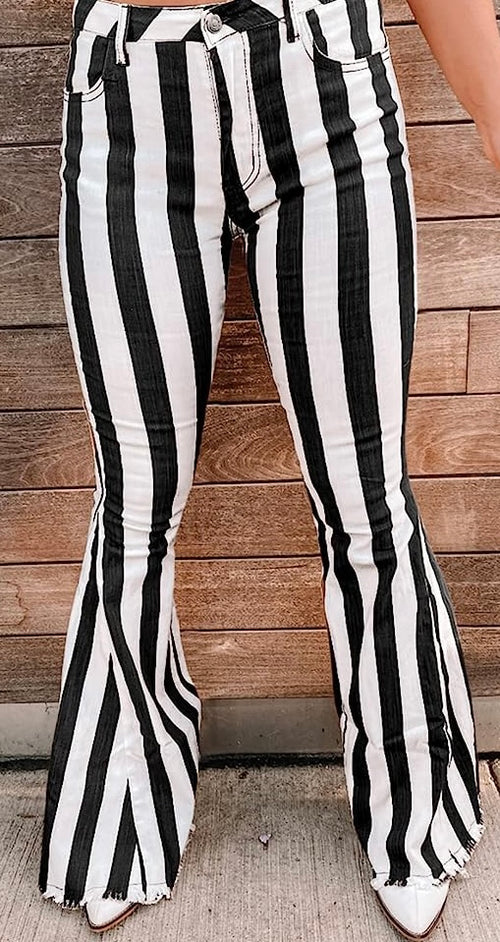 Black and White striped denim Wide Flare Pant